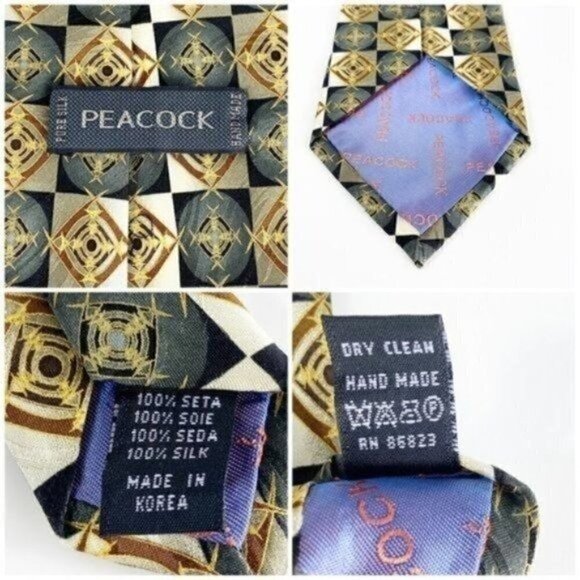 HANDMADE Geometric Silk Necktie - PEACOCK 100% Tie - Picture 8 of 8